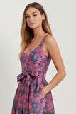 Blue White Floral A-Line Printed Satin Prom with Slit