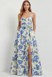 Blue White Floral A-Line Printed Satin Prom with Slit