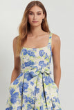 Blue White Floral A-Line Printed Satin Prom with Slit