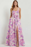 Blue White Floral A-Line Printed Satin Prom with Slit