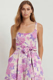 Blue White Floral A-Line Printed Satin Prom with Slit