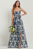 Blue White Floral A-Line Printed Satin Prom with Slit