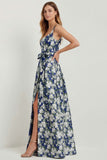 Blue White Floral A-Line Printed Satin Prom with Slit