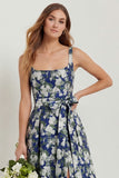 Blue White Floral A-Line Printed Satin Prom with Slit