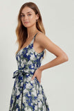 Blue White Floral A-Line Printed Satin Prom with Slit