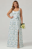 A Line Blue White Floral Plus Size Bridesmaid Dress with Slit
