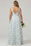 A Line Blue White Floral Plus Size Bridesmaid Dress with Slit
