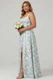 A Line Blue White Floral Plus Size Bridesmaid Dress with Slit