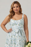 A Line Blue White Floral Plus Size Bridesmaid Dress with Slit