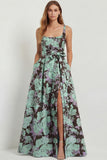 Blue White Floral A-Line Printed Satin Prom with Slit
