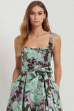Blue White Floral A-Line Printed Satin Prom with Slit