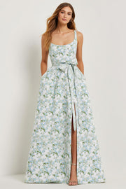 Blue White Floral A-Line Printed Satin Prom with Slit