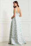 Blue White Floral A-Line Printed Satin Prom with Slit