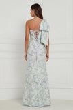 One Shoulder Blue White Floral Printed Mermaid Prom Dress