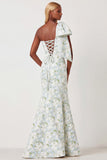 One Shoulder Blue White Floral Printed Mermaid Prom Dress
