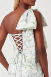 One Shoulder Blue White Floral Printed Mermaid Prom Dress