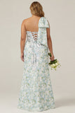 Mermaid One Shoulder Blue White Floral Printed Plus Size Bridesmaid Dress