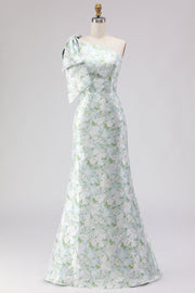 Blue White Flower Mermaid One Shoulder Print Long Bridesmaid Dress with Large Bow