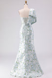 Blue White Flower Mermaid One Shoulder Print Long Bridesmaid Dress with Large Bow