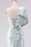 Blue White Flower Mermaid One Shoulder Print Long Bridesmaid Dress with Large Bow