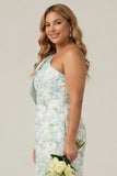 Mermaid One Shoulder Blue White Floral Printed Plus Size Bridesmaid Dress