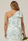 Mermaid One Shoulder Blue White Floral Printed Plus Size Bridesmaid Dress