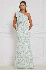 One Shoulder Blue White Floral Printed Mermaid Prom Dress