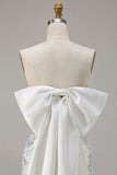 Blue White Flower Strapless Sheath Satin Long Bridesmaid Dress with Back Bow