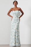 Strapless Blue White Floral Sheath Satin Prom Dress with Back Bow