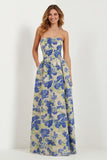 Strapless Printed A-Line Blue White Floral Long Prom Dress with Pockets