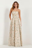 Strapless Printed A-Line Blue White Floral Long Prom Dress with Pockets