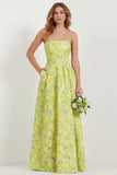 Strapless Printed A-Line Blue White Floral Long Prom Dress with Pockets