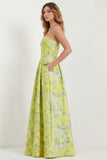 Strapless Printed A-Line Blue White Floral Long Prom Dress with Pockets