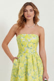 Strapless Printed A-Line Blue White Floral Long Prom Dress with Pockets