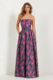 Strapless Printed A-Line Blue White Floral Long Prom Dress with Pockets