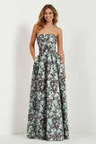 Strapless Printed A-Line Blue White Floral Long Prom Dress with Pockets
