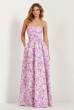 Strapless Printed A-Line Blue White Floral Long Prom Dress with Pockets