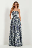 Strapless Printed A-Line Blue White Floral Long Prom Dress with Pockets