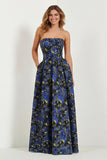 Strapless Printed A-Line Blue White Floral Long Prom Dress with Pockets