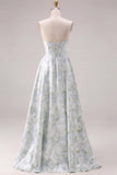 Blue White Floral Strapless Print A-Line Long Satin Dress with Pockets