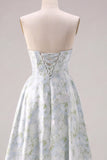 Blue White Floral Strapless Print A-Line Long Satin Dress with Pockets