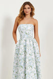 Strapless Printed A-Line Blue White Floral Long Prom Dress with Pockets