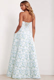 Strapless Printed A-Line Blue White Floral Long Prom Dress with Pockets