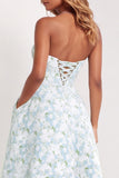 Strapless Printed A-Line Blue White Floral Long Prom Dress with Pockets