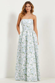 Strapless Printed A-Line Blue White Floral Long Prom Dress with Pockets
