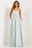 Strapless Printed A-Line Blue White Floral Long Prom Dress with Pockets