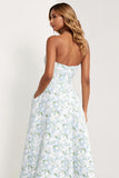 Strapless Printed A-Line Blue White Floral Long Prom Dress with Pockets