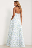 Strapless Printed A-Line Blue White Floral Long Prom Dress with Pockets