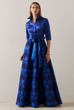 Floral Half Sleeve Royal Blue A-Line Mother Of The Bride Dress with Sash