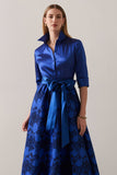 Floral Half Sleeve Royal Blue A-Line Mother Of The Bride Dress with Sash